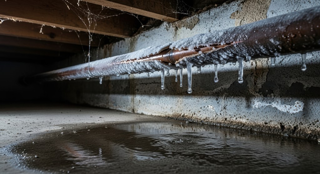 Exposed water pipe in a crawl space with ice formation showing freeze risk during winter
