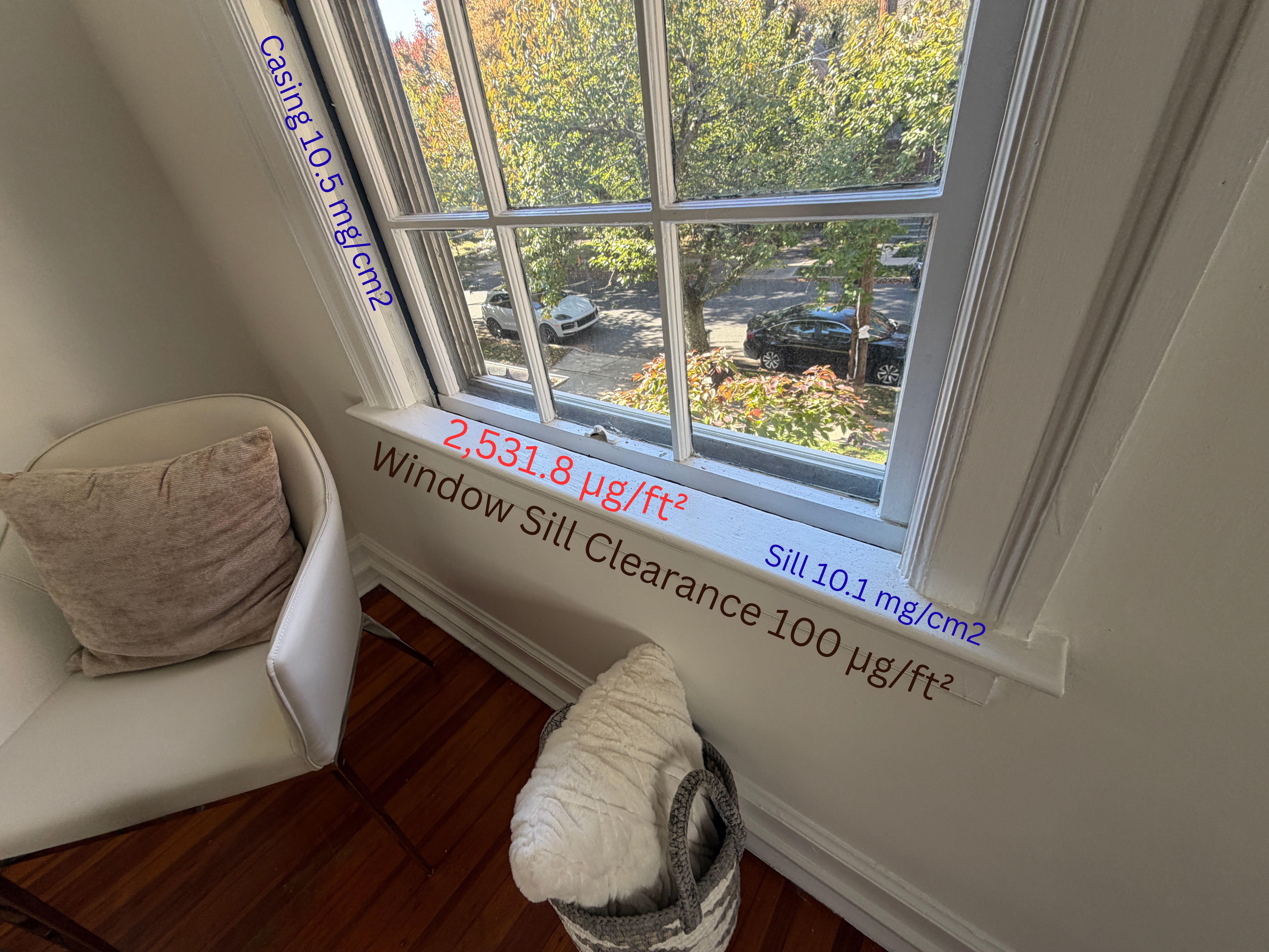 Interior window sill lead dust wipe results compared to New Jersey lead dust hazard standards during a lead safe inspection