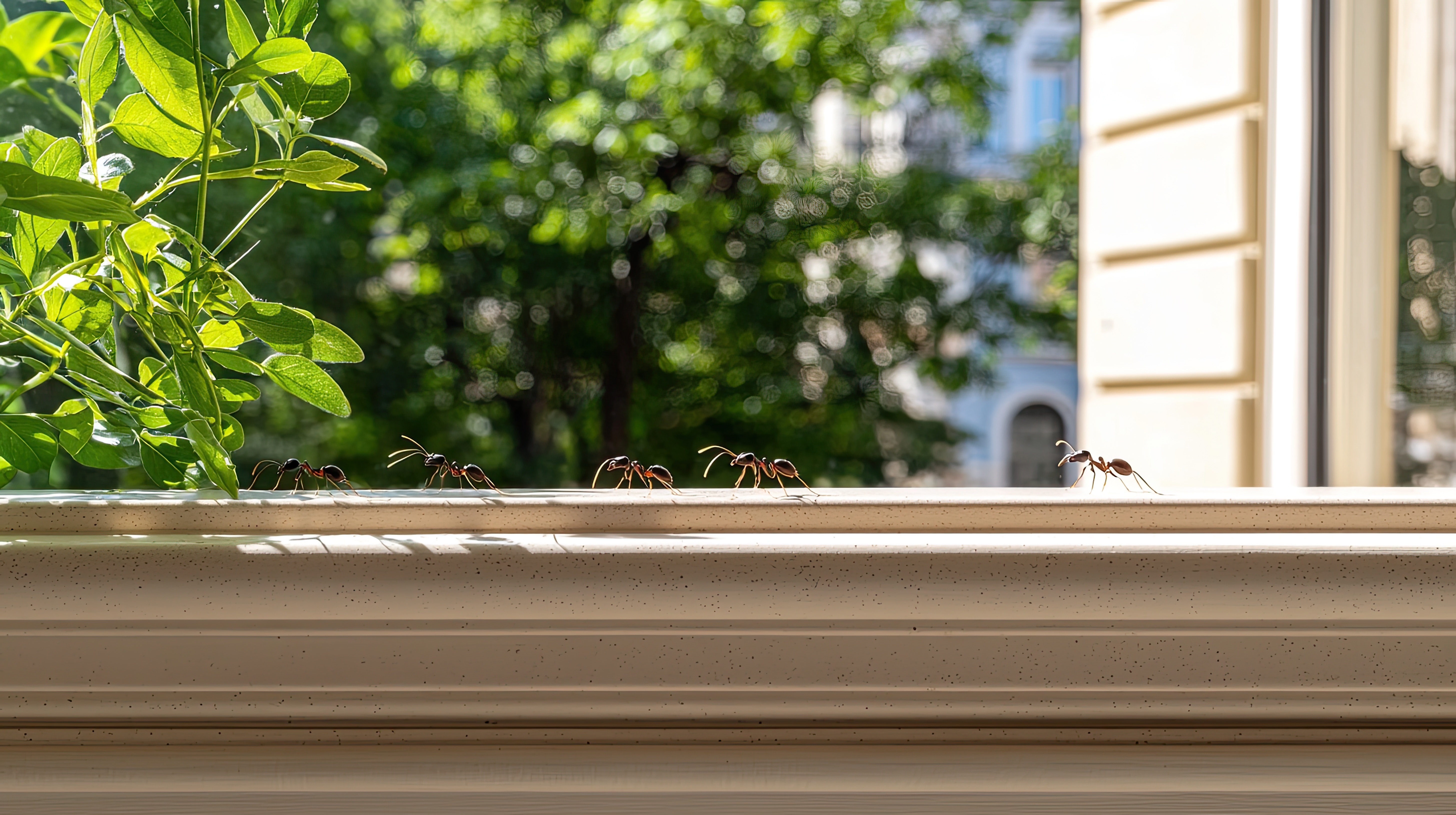 ants walking along window sill outside home during spring