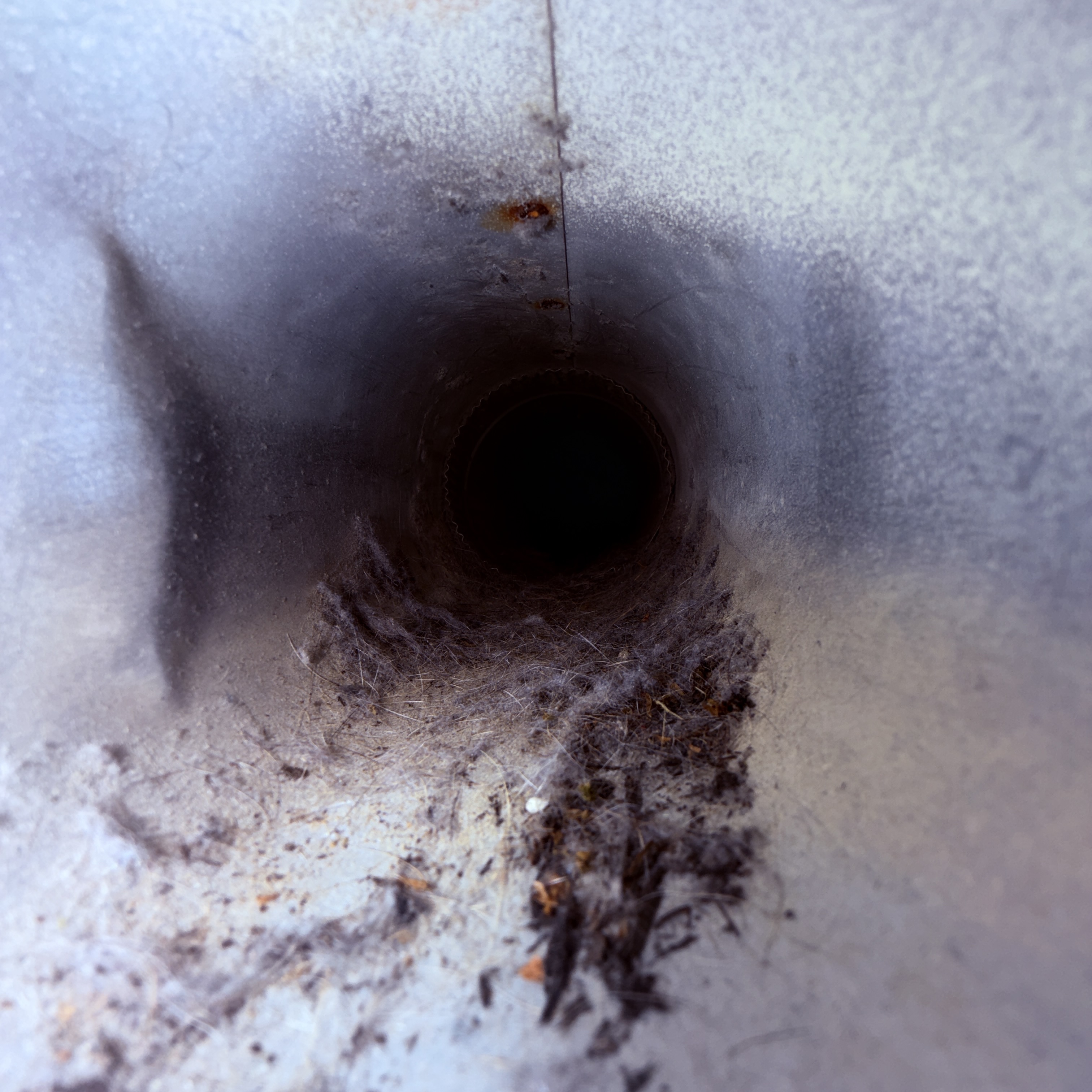 Lint and debris buildup inside a residential dryer exhaust duct